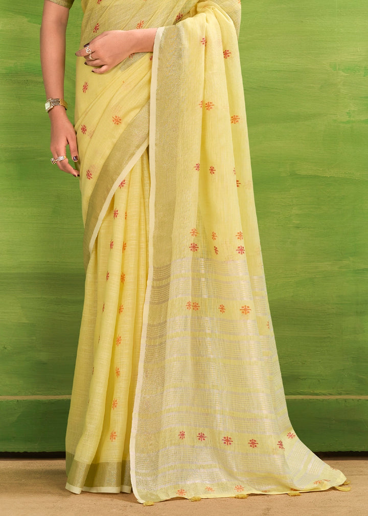Blonde Yellow Handwoven Linen Silk Saree with Butti Design
