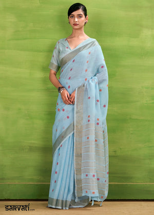Baby Blue Handwoven Linen Silk Saree with Butti Design