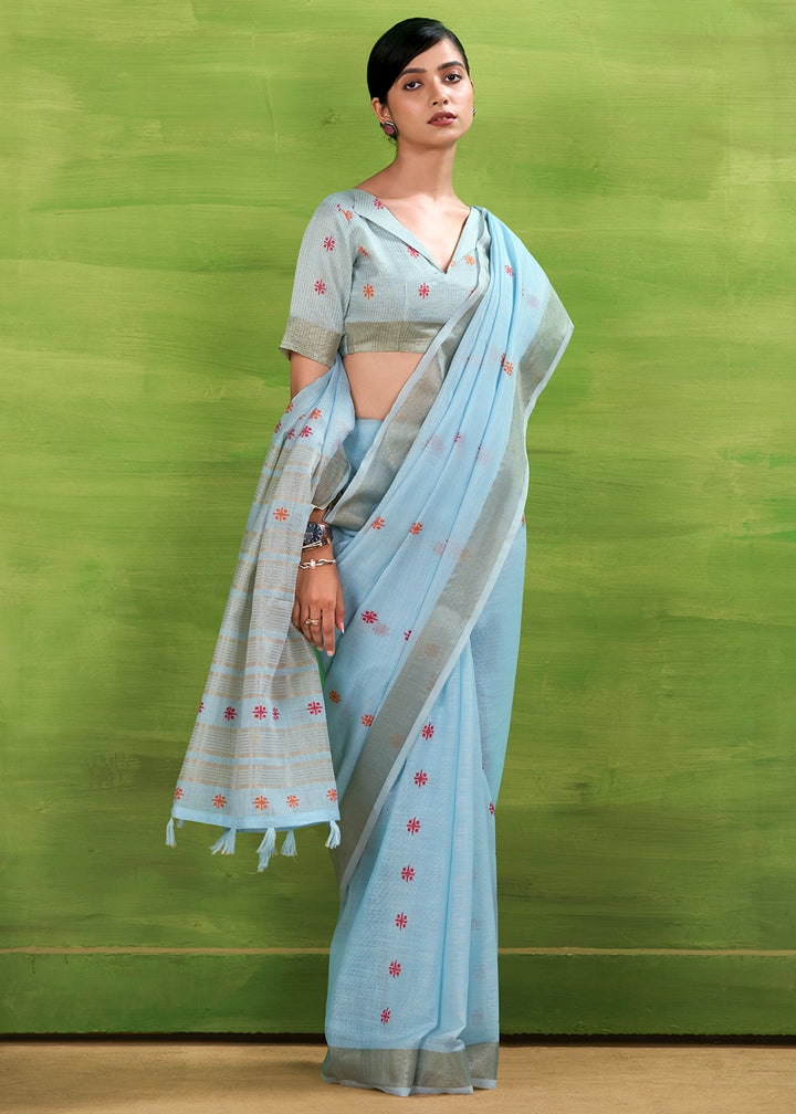 Baby Blue Handwoven Linen Silk Saree with Butti Design
