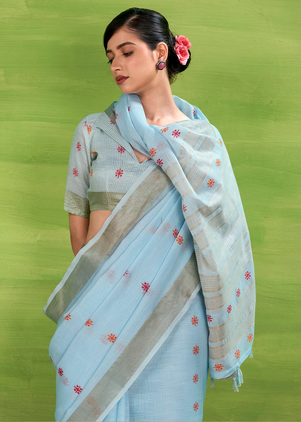 Baby Blue Handwoven Linen Silk Saree with Butti Design