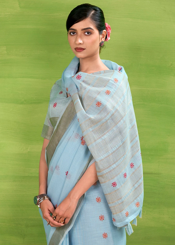 Baby Blue Handwoven Linen Silk Saree with Butti Design