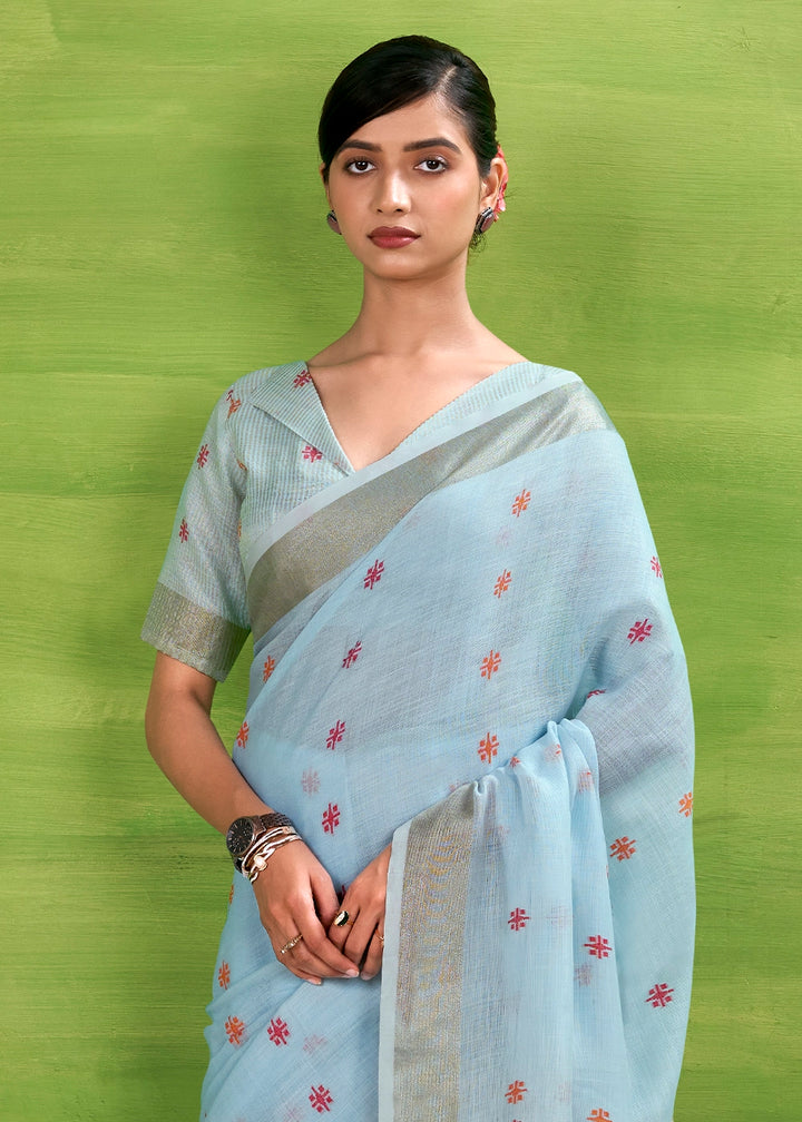 Baby Blue Handwoven Linen Silk Saree with Butti Design