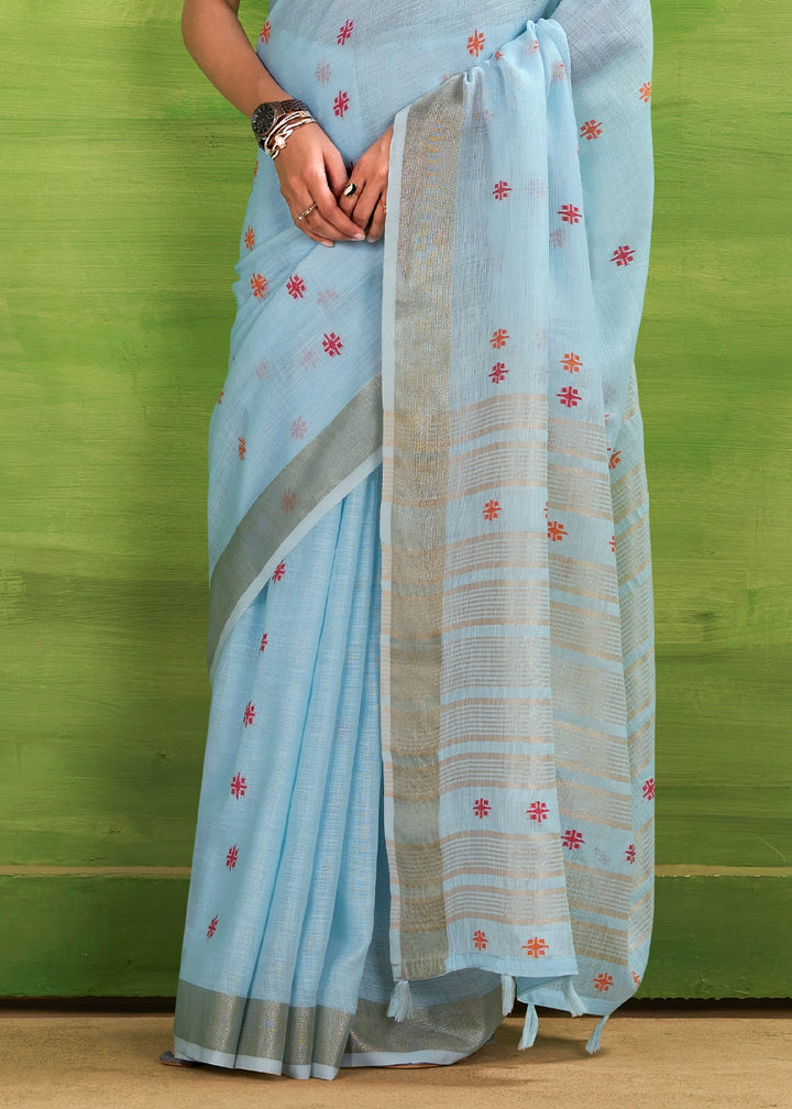 Baby Blue Handwoven Linen Silk Saree with Butti Design