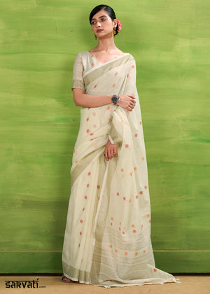 Pearl White Handwoven Linen Silk Saree with Butti Design