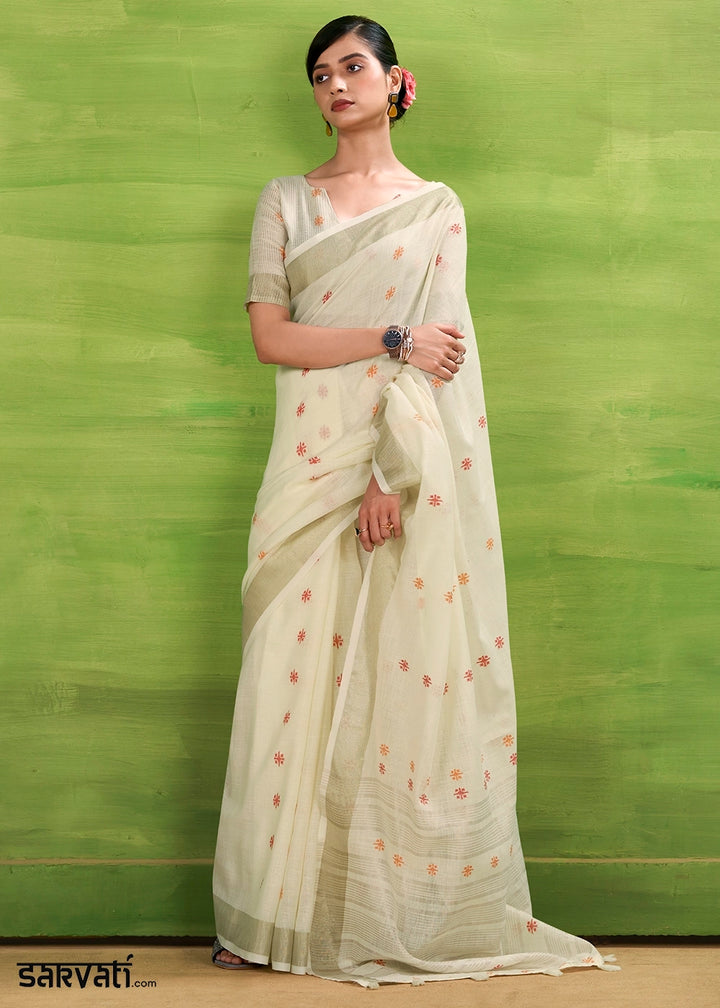 Pearl White Handwoven Linen Silk Saree with Butti Design