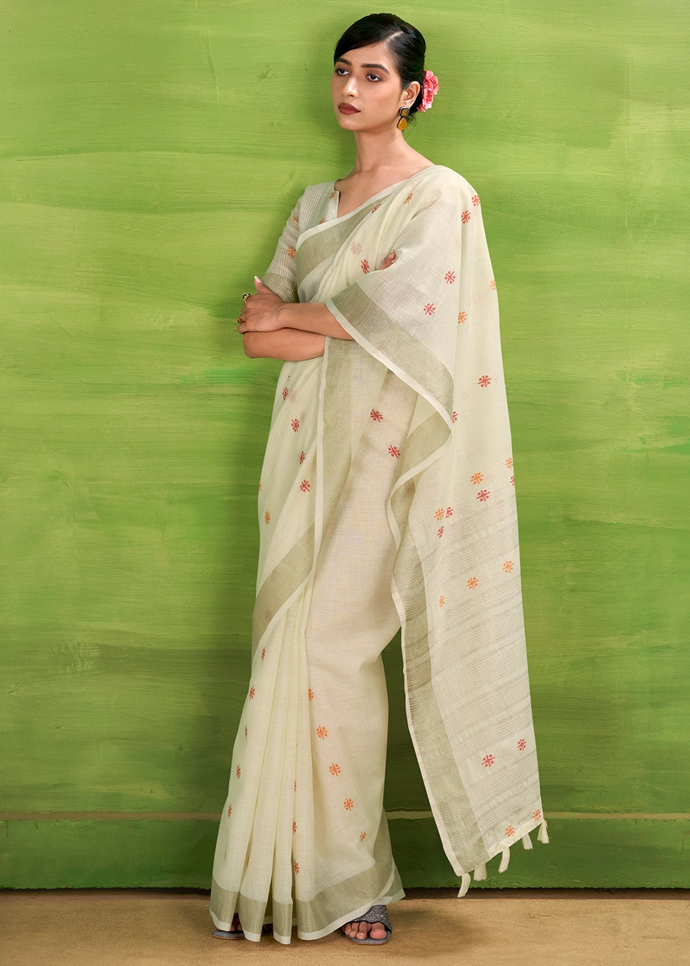 Pearl White Handwoven Linen Silk Saree with Butti Design