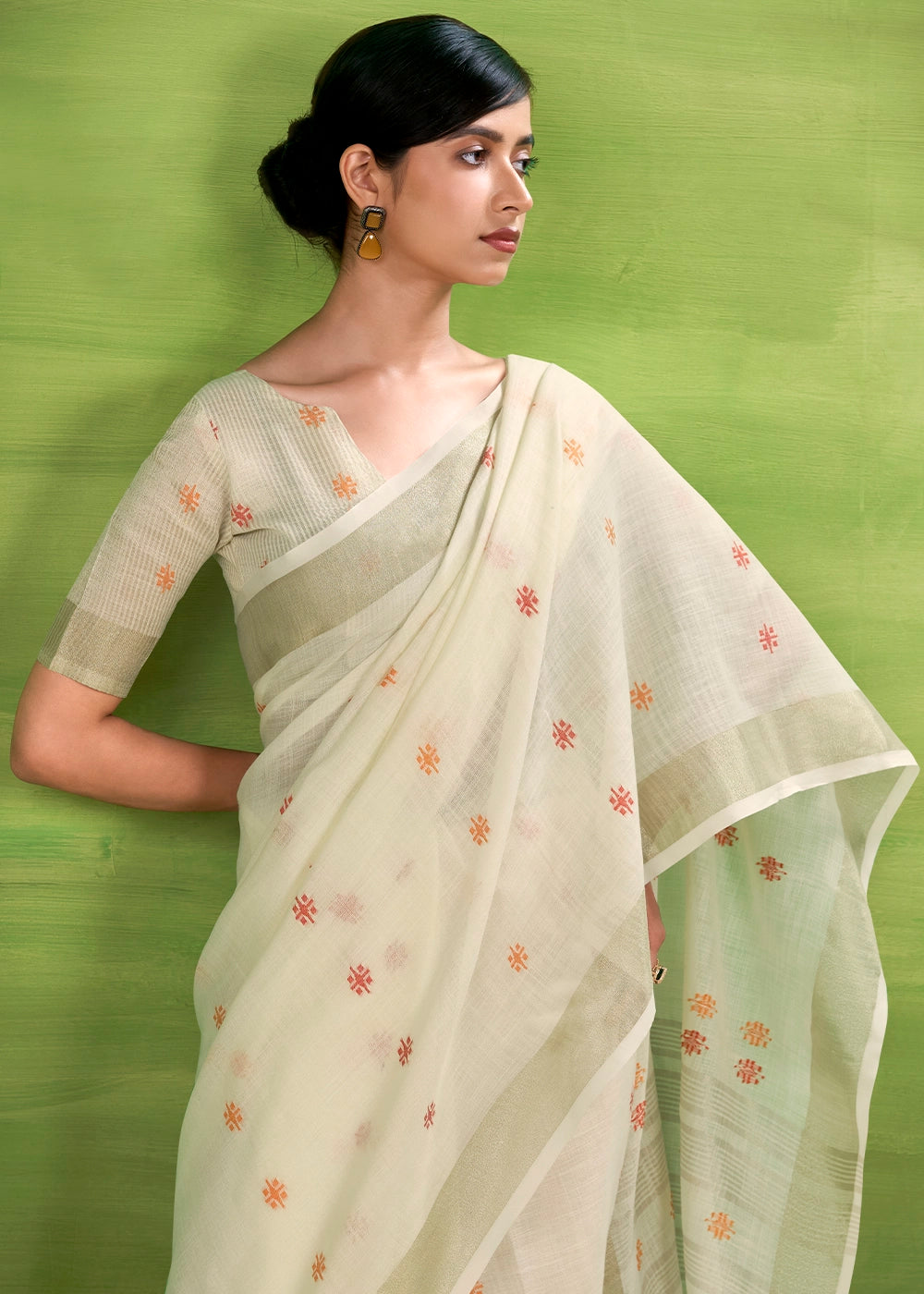 Pearl White Handwoven Linen Silk Saree with Butti Design