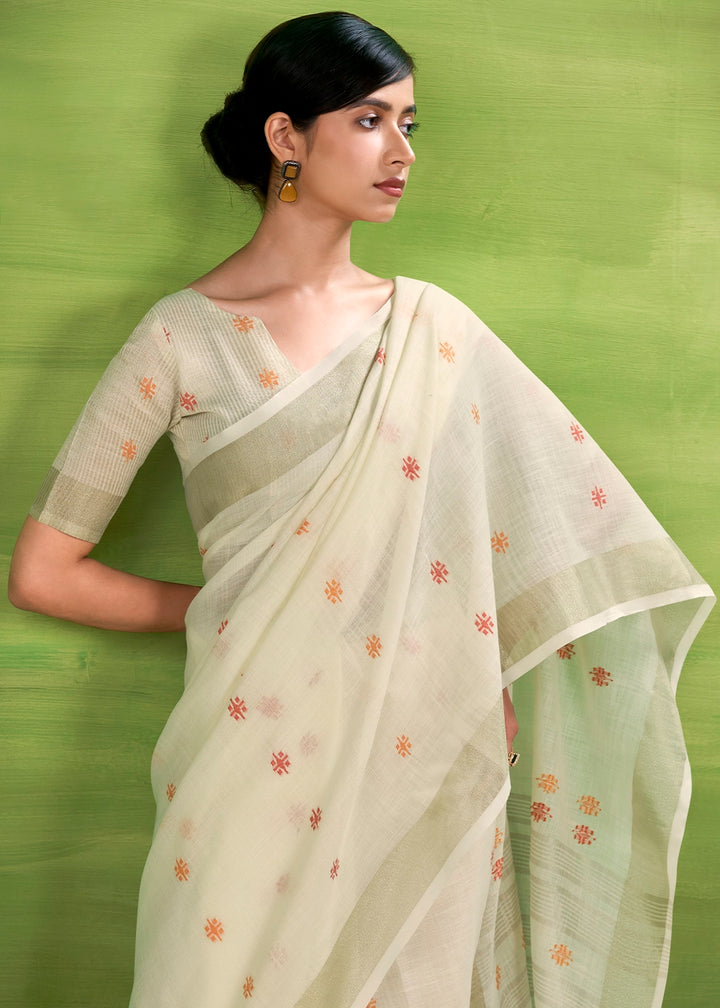 Pearl White Handwoven Linen Silk Saree with Butti Design