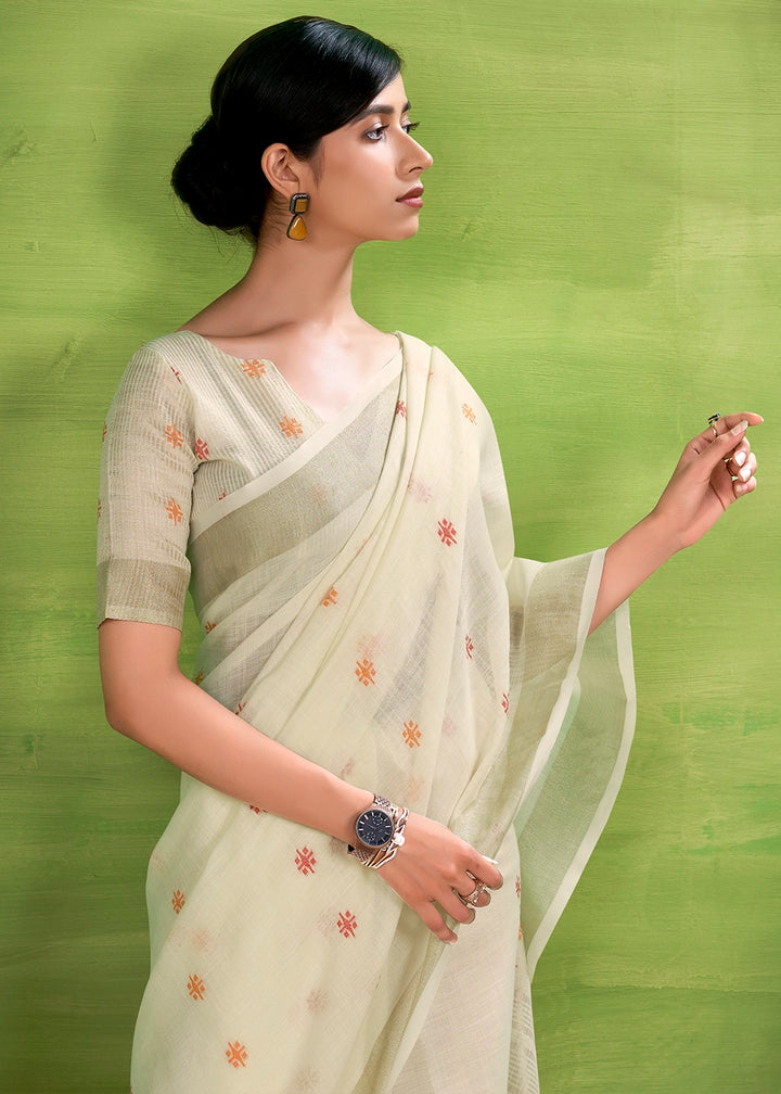 Pearl White Handwoven Linen Silk Saree with Butti Design