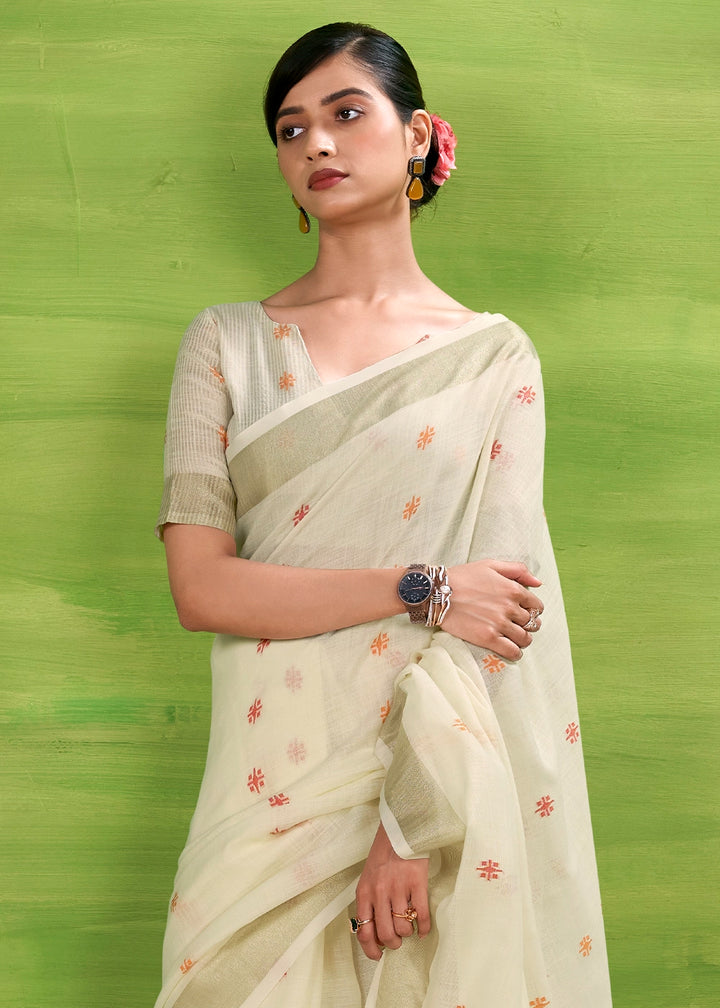 Pearl White Handwoven Linen Silk Saree with Butti Design