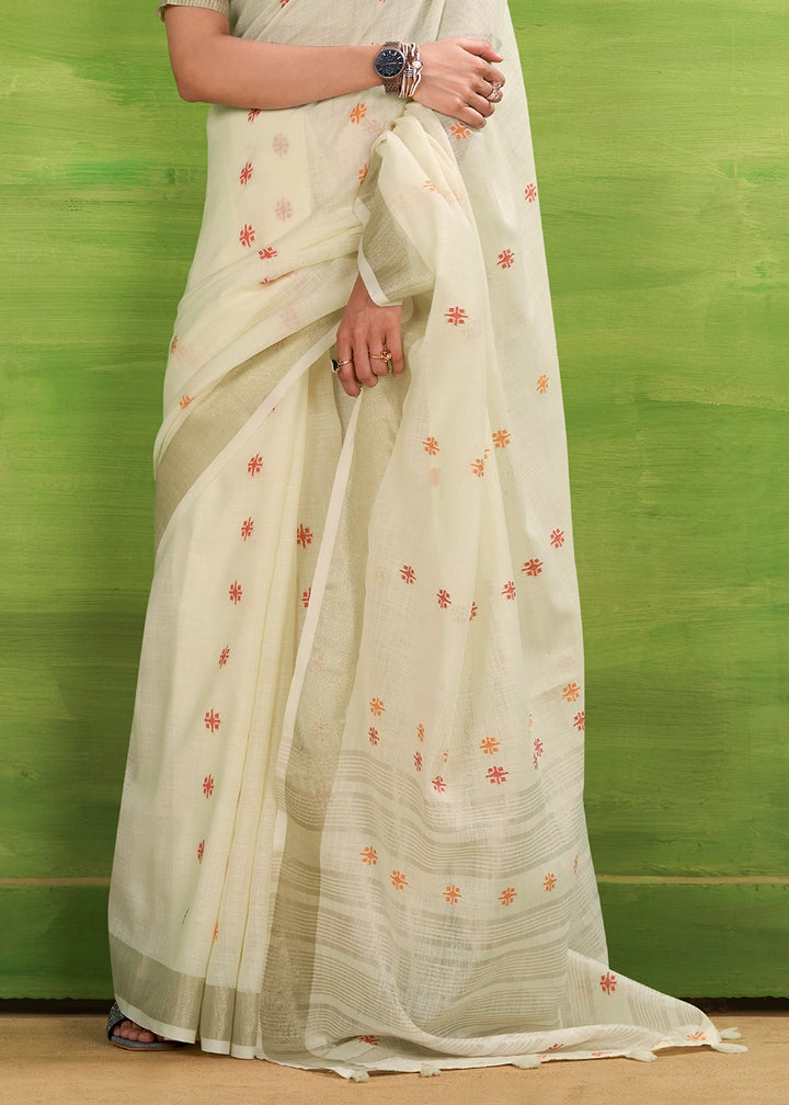 Pearl White Handwoven Linen Silk Saree with Butti Design