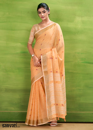 Coral Orange Handwoven Linen Silk Saree with Butti Design