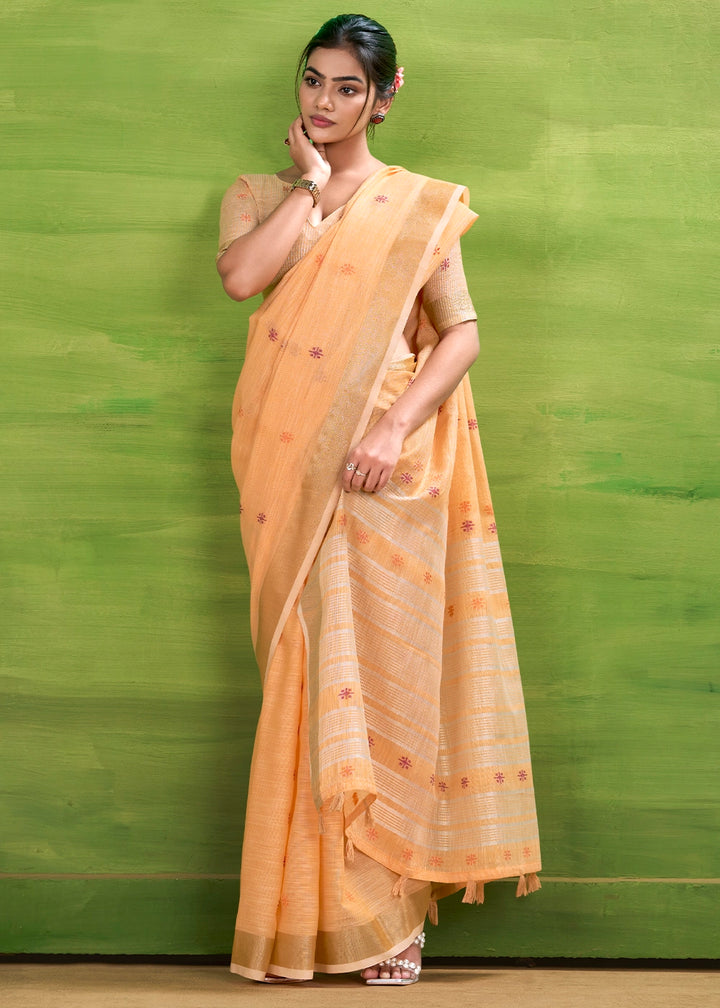 Coral Orange Handwoven Linen Silk Saree with Butti Design