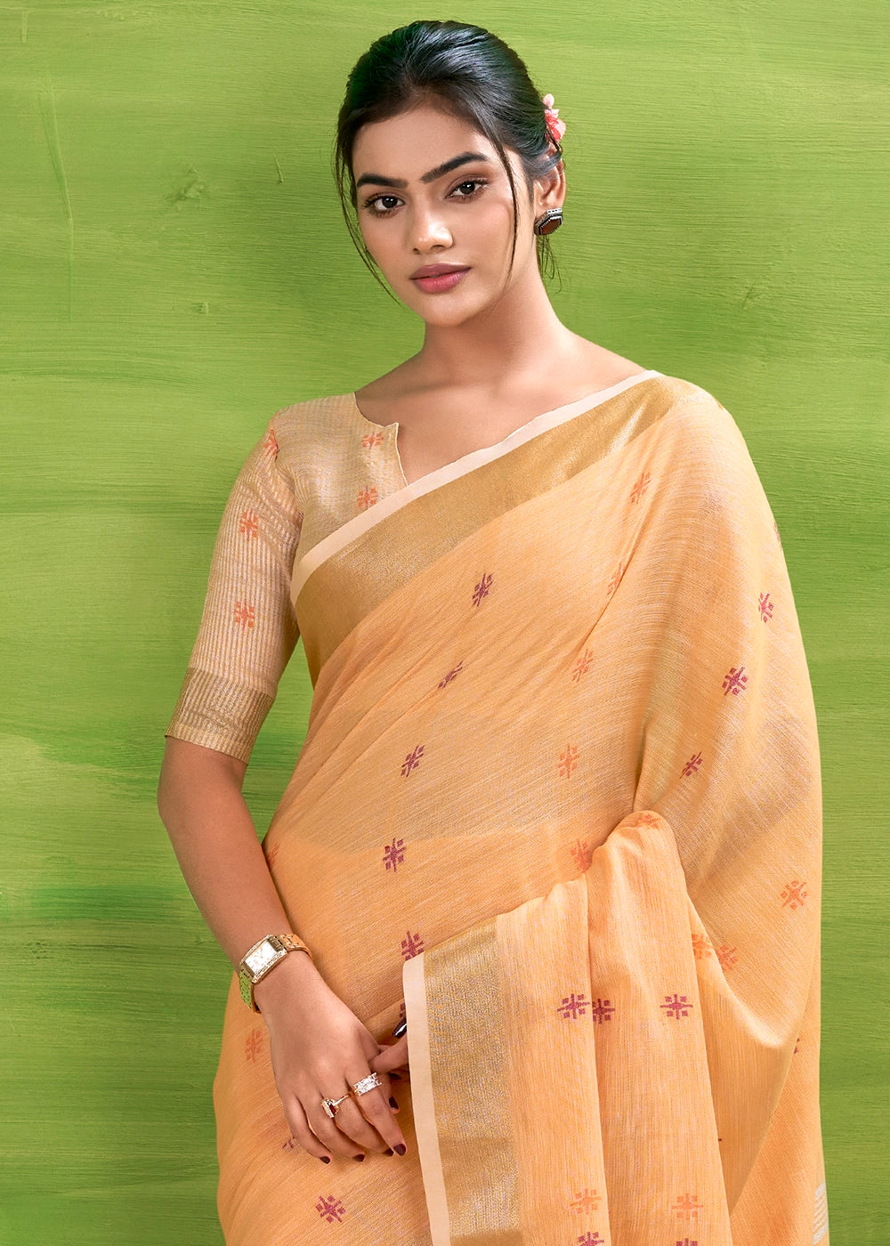 Coral Orange Handwoven Linen Silk Saree with Butti Design