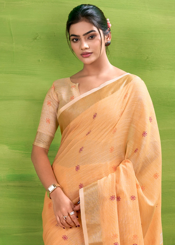 Coral Orange Handwoven Linen Silk Saree with Butti Design