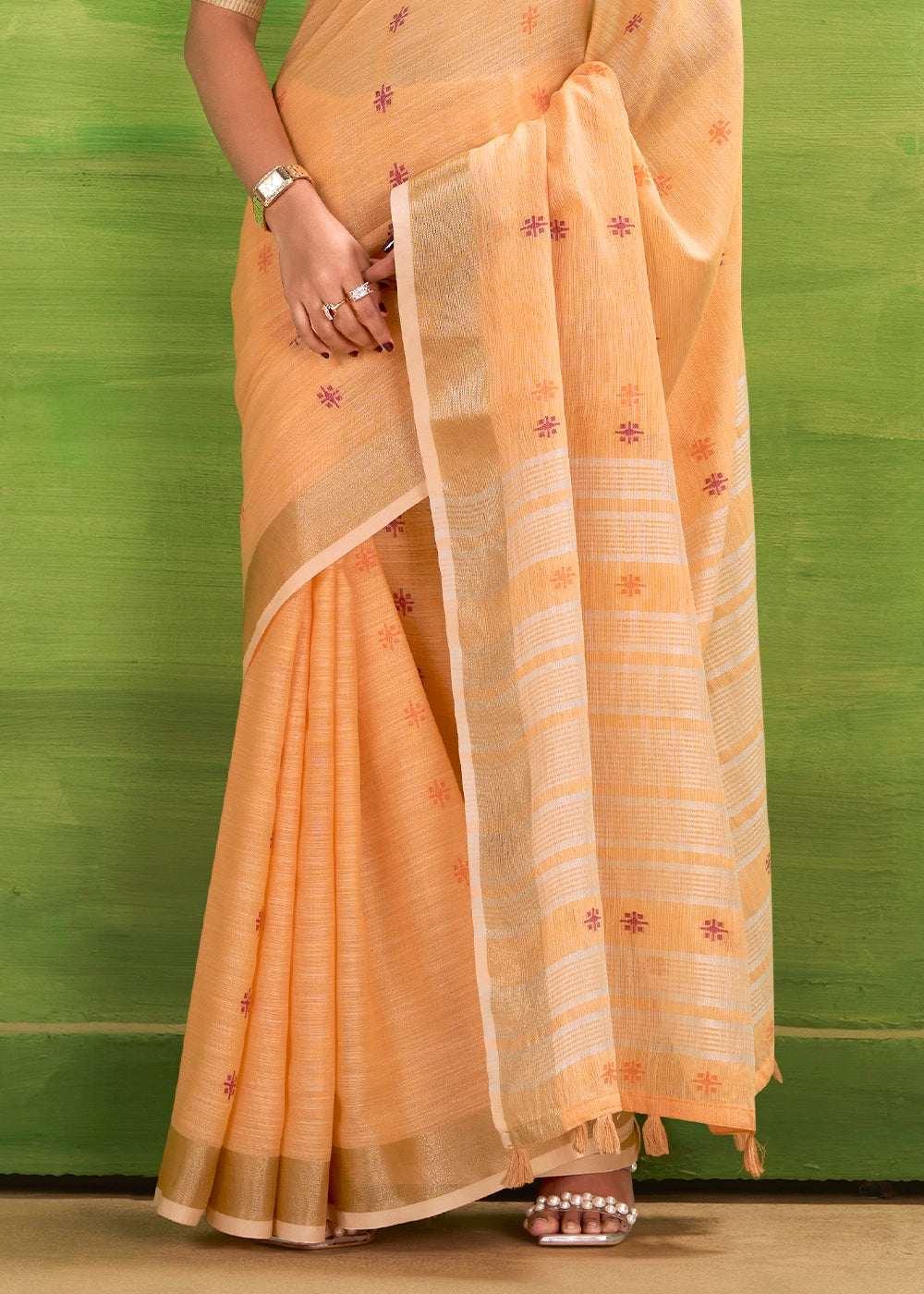 Coral Orange Handwoven Linen Silk Saree with Butti Design