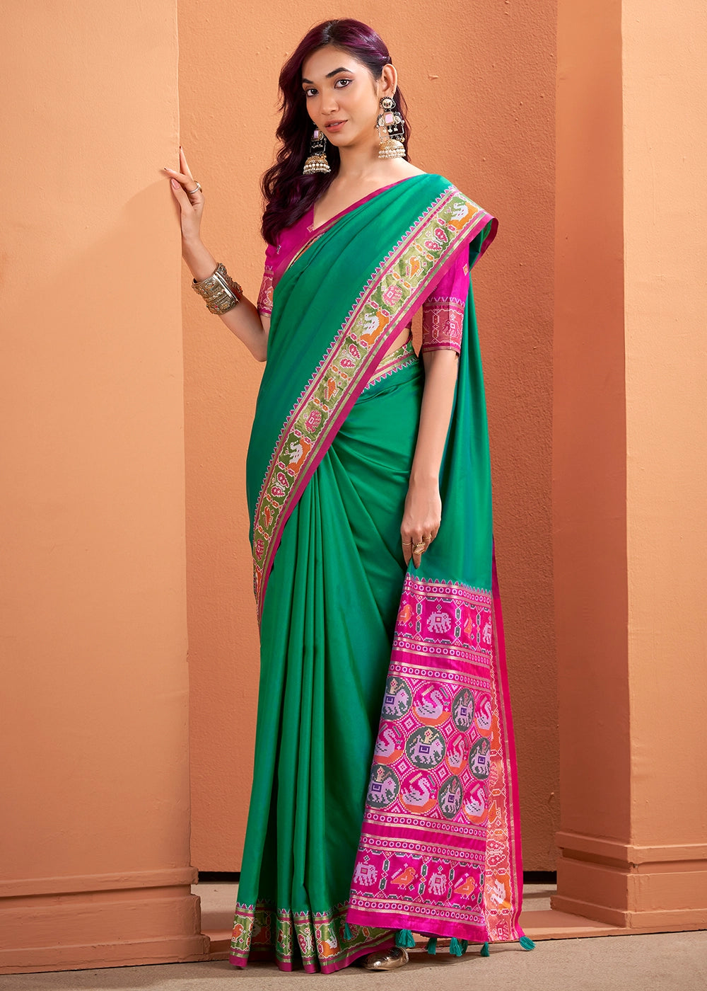Persian Green Patola Silk Saree with Contrast Border & Pallu