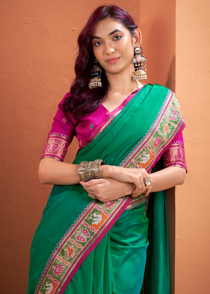 Persian Green Patola Silk Saree with Contrast Border & Pallu