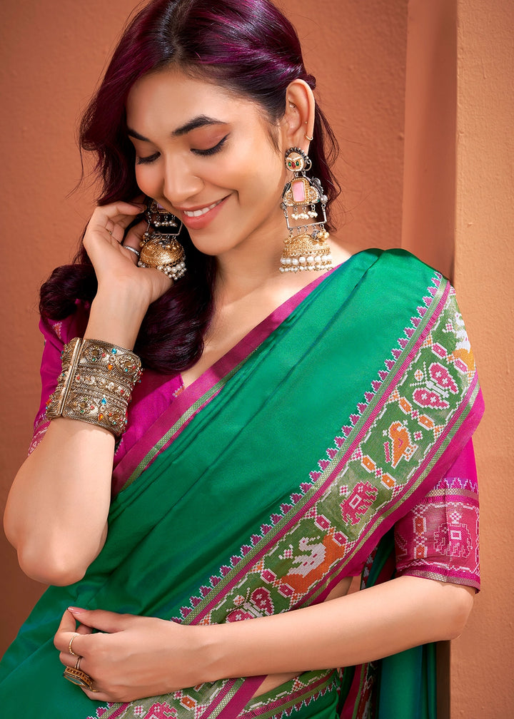 Persian Green Patola Silk Saree with Contrast Border & Pallu