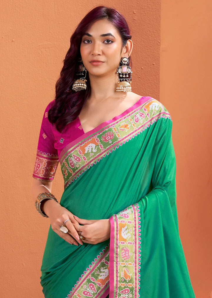 Persian Green Patola Silk Saree with Contrast Border & Pallu