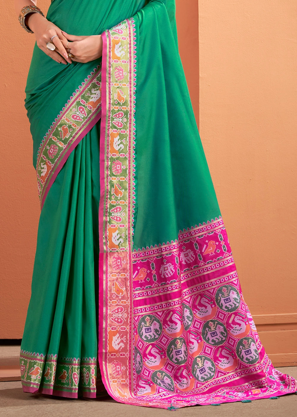 Persian Green Patola Silk Saree with Contrast Border & Pallu