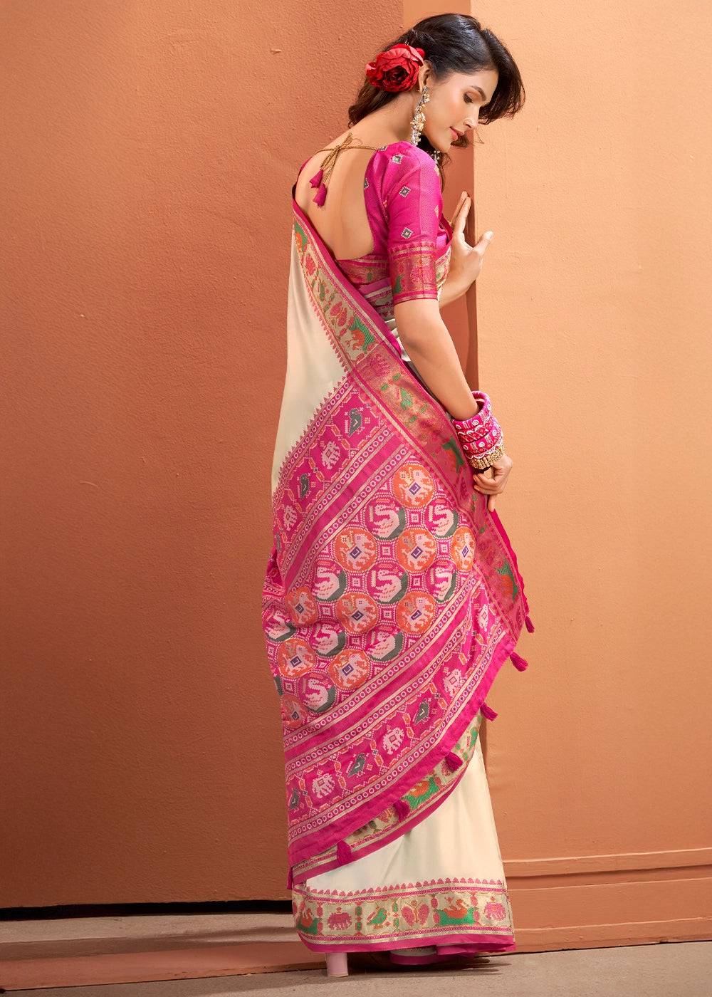 Pearl White Patola Silk Saree with Contrast Border & Pallu