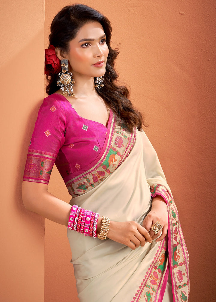 Pearl White Patola Silk Saree with Contrast Border & Pallu