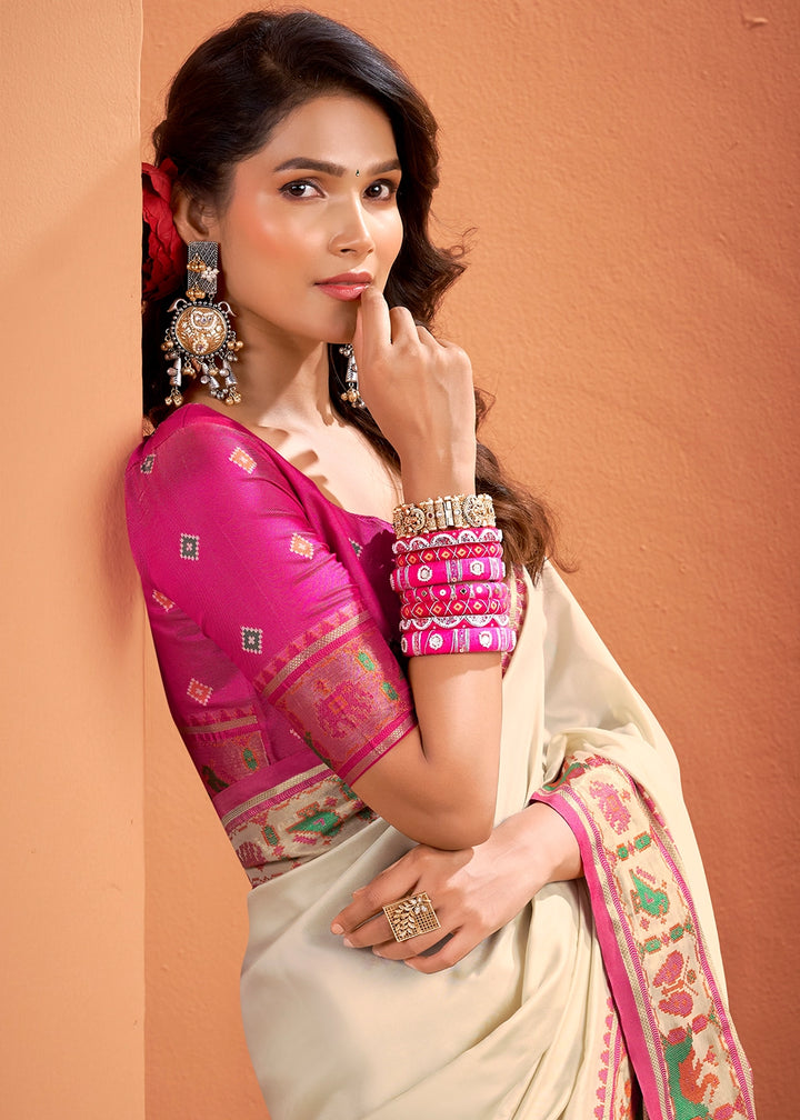 Pearl White Patola Silk Saree with Contrast Border & Pallu