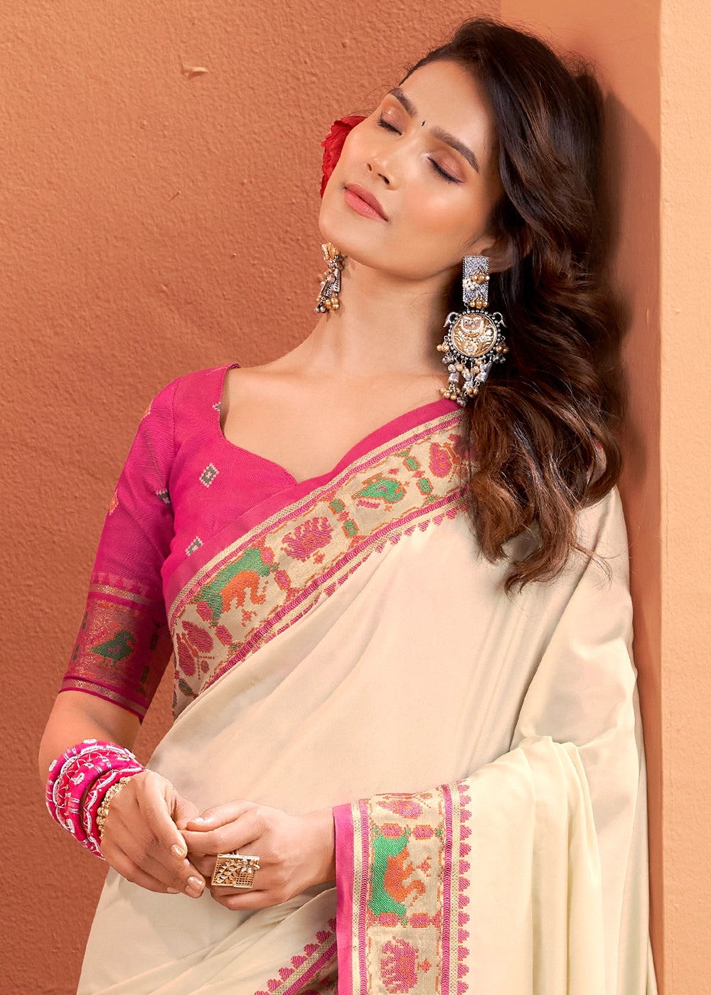 Pearl White Patola Silk Saree with Contrast Border & Pallu