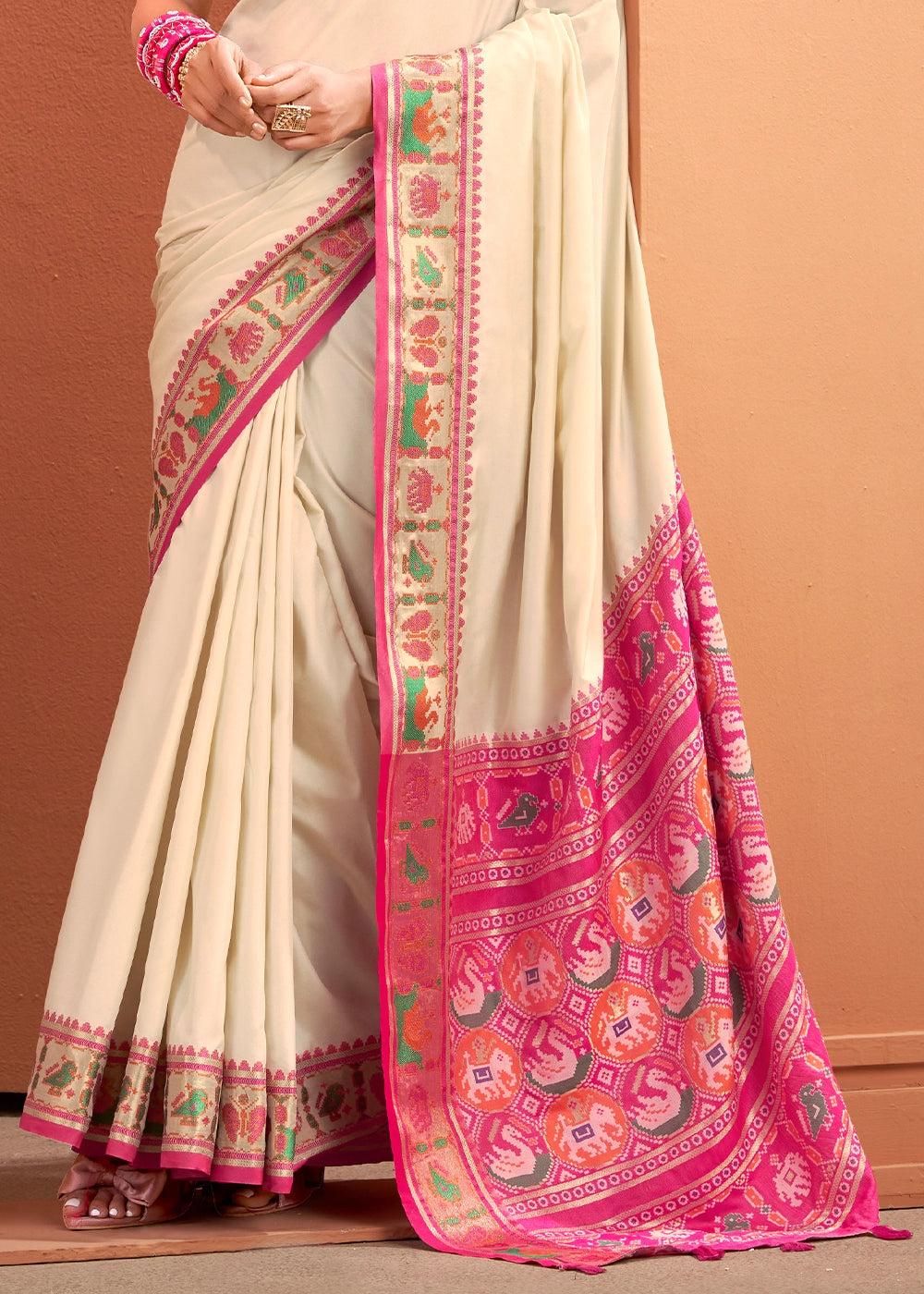 Pearl White Patola Silk Saree with Contrast Border & Pallu
