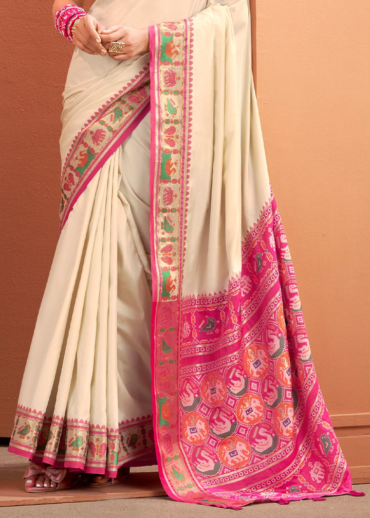Pearl White Patola Silk Saree with Contrast Border & Pallu