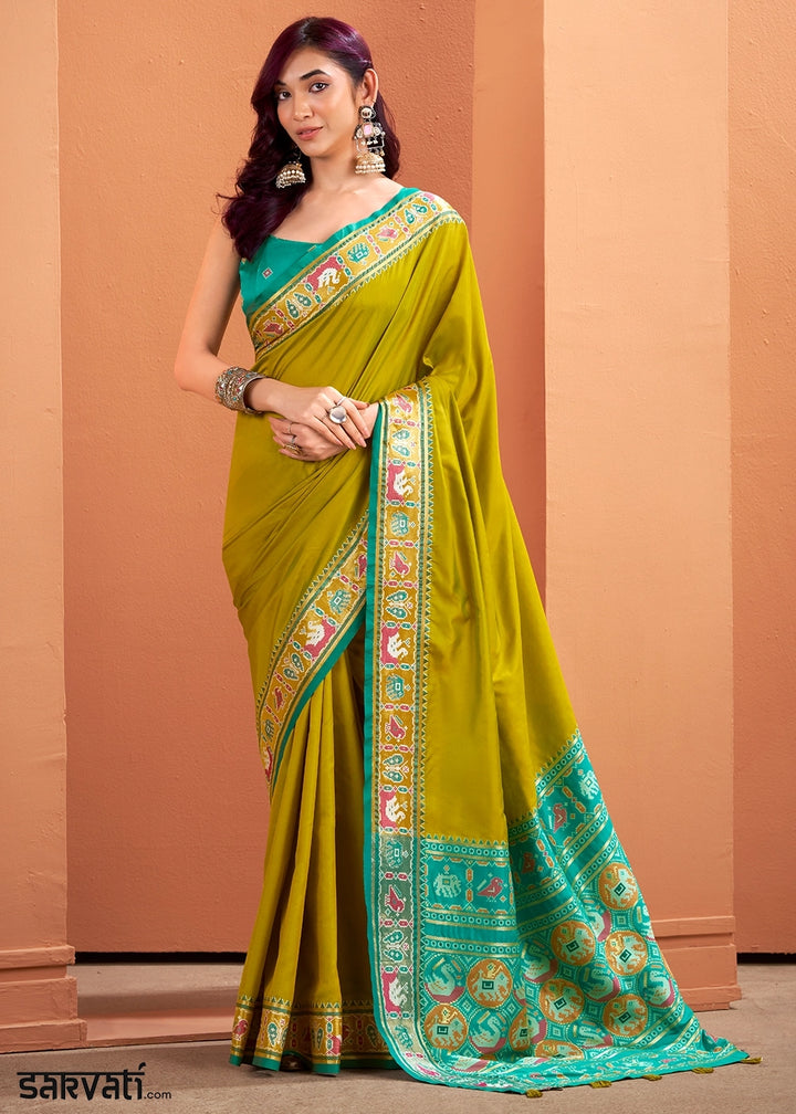 Olive Green Patola Silk Saree with Contrast Border & Pallu