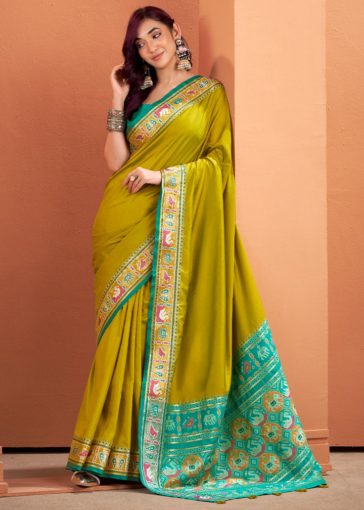 Olive Green Patola Silk Saree with Contrast Border & Pallu