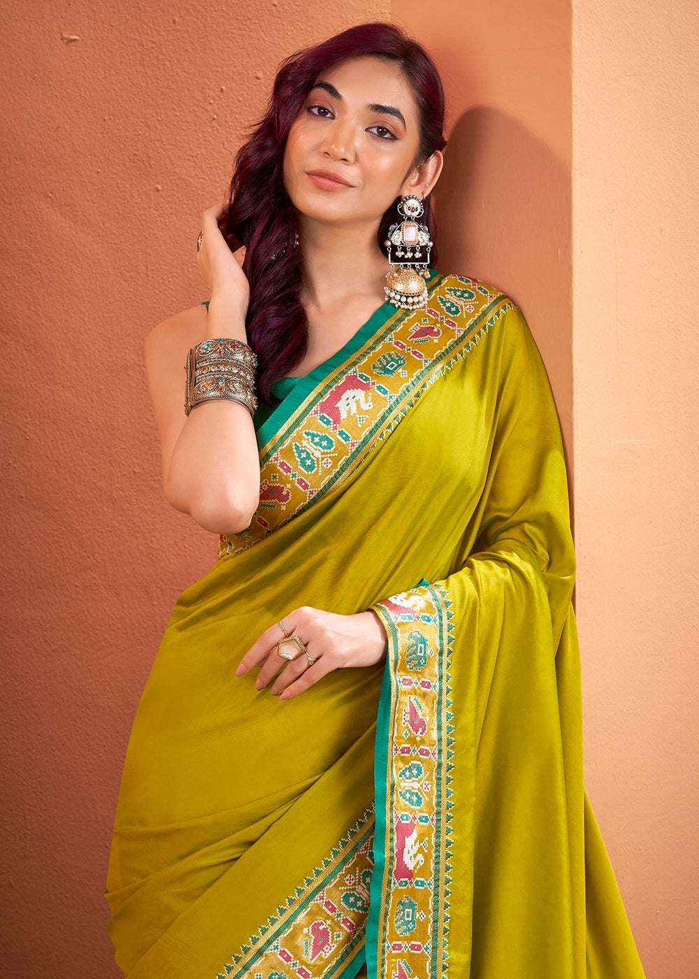 Olive Green Patola Silk Saree with Contrast Border & Pallu