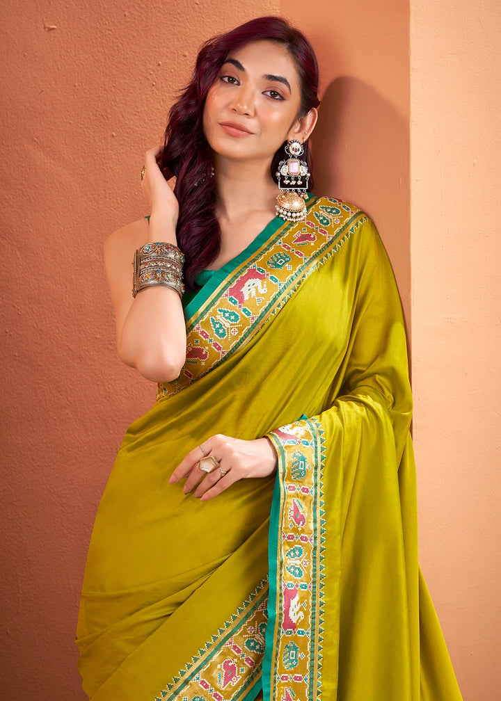 Olive Green Patola Silk Saree with Contrast Border & Pallu