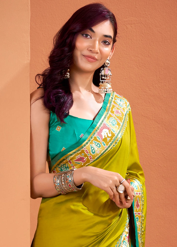 Olive Green Patola Silk Saree with Contrast Border & Pallu