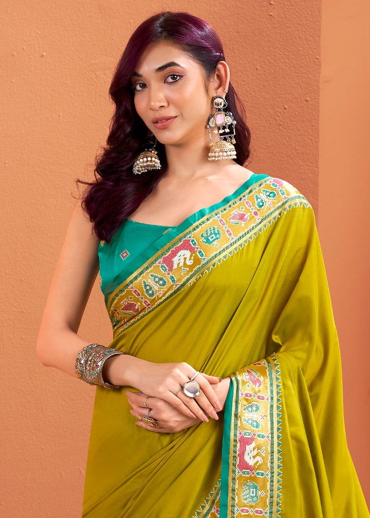 Olive Green Patola Silk Saree with Contrast Border & Pallu