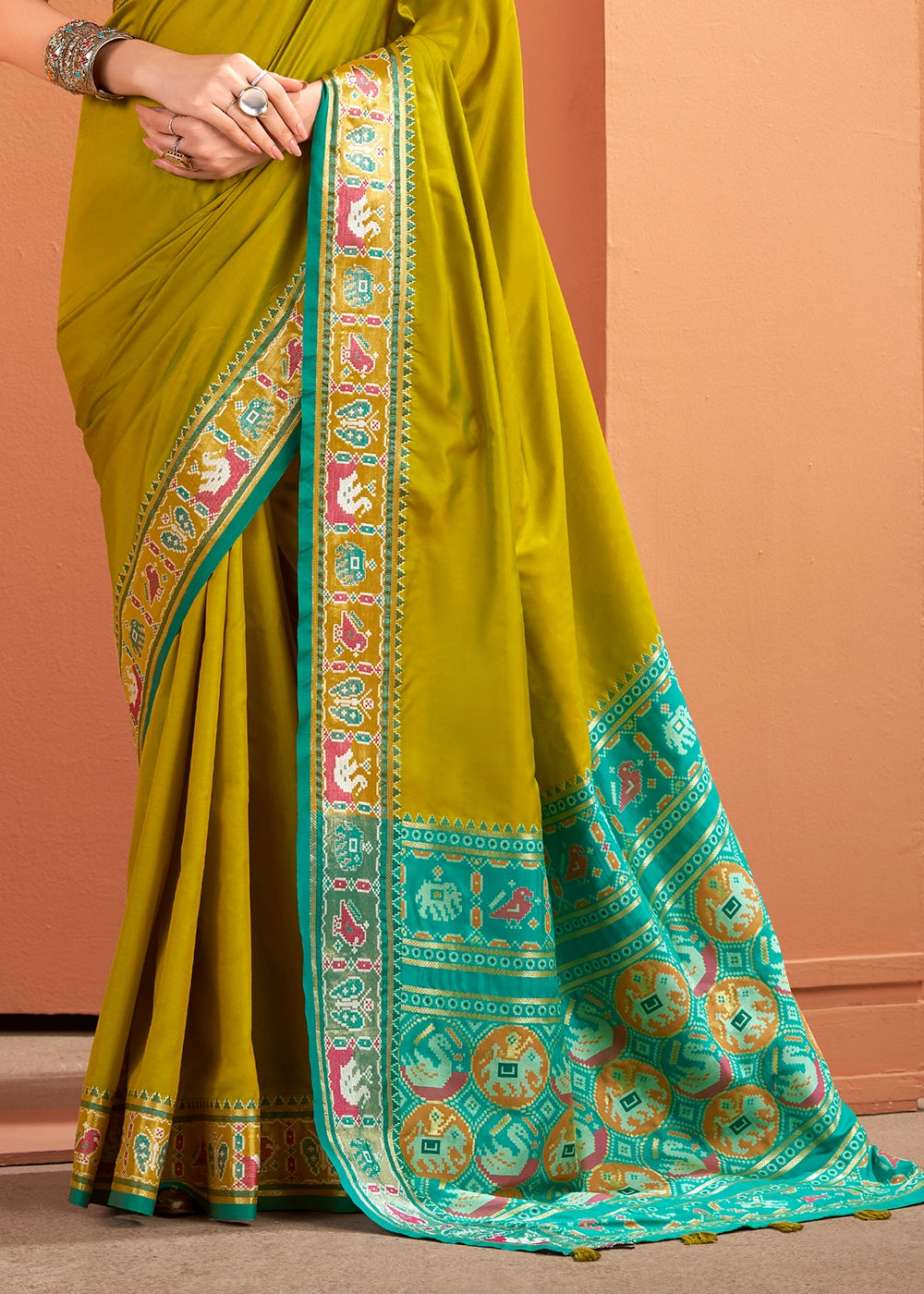 Olive Green Patola Silk Saree with Contrast Border & Pallu