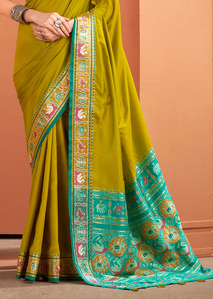 Olive Green Patola Silk Saree with Contrast Border & Pallu