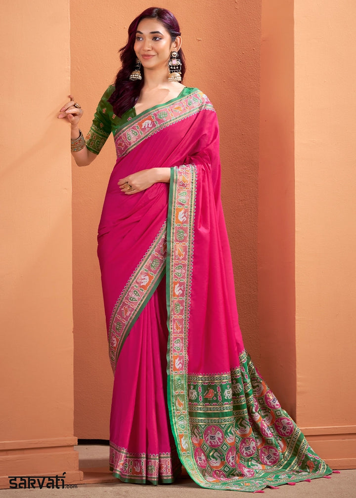 Magenta Pink Patola Silk Saree with Contrast Border & Pallu