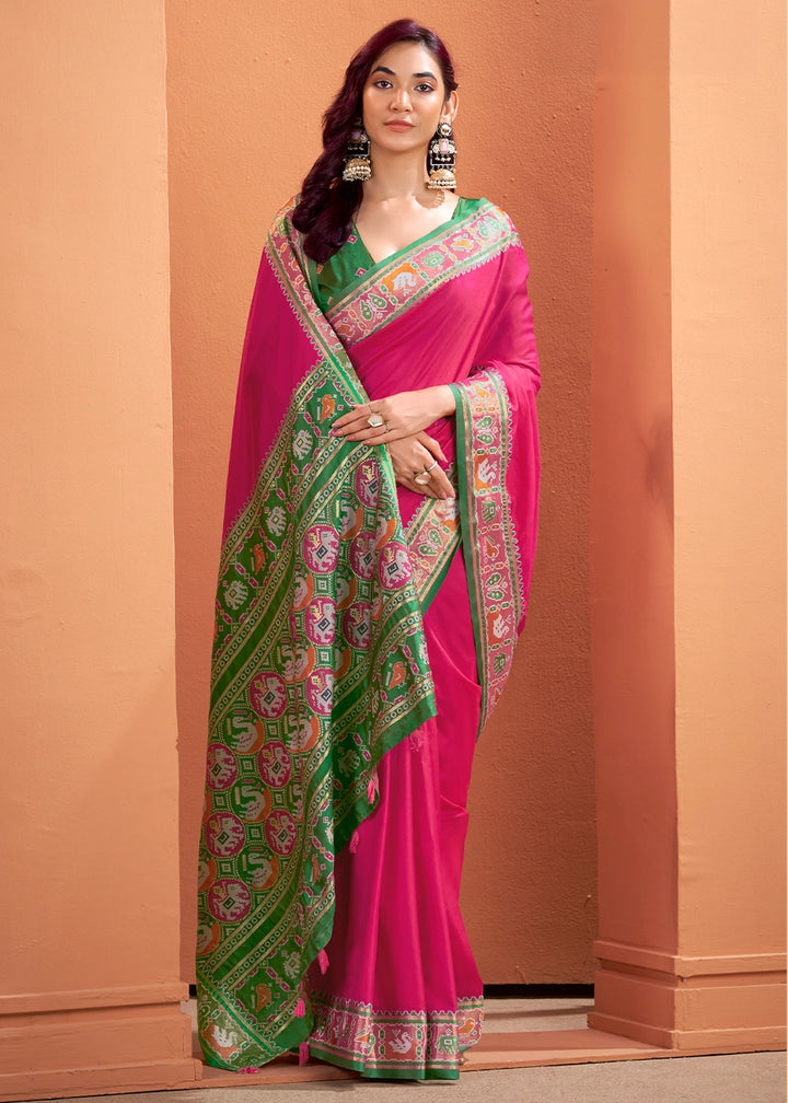 Magenta Pink Patola Silk Saree with Contrast Border & Pallu