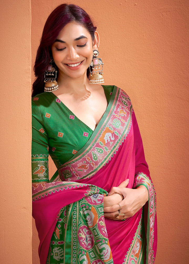 Magenta Pink Patola Silk Saree with Contrast Border & Pallu