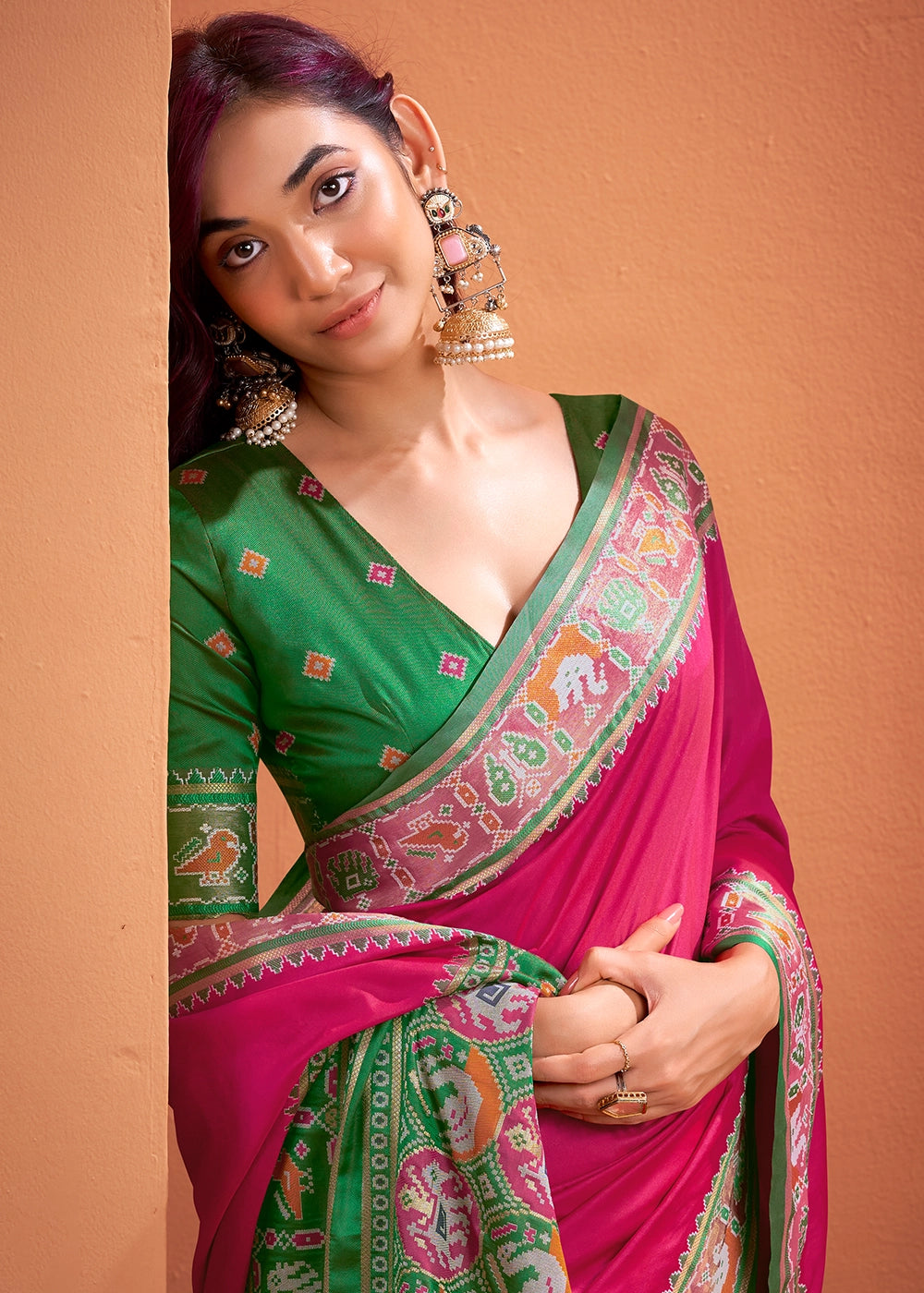 Magenta Pink Patola Silk Saree with Contrast Border & Pallu