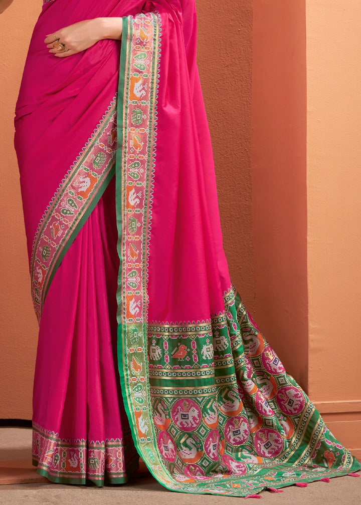 Magenta Pink Patola Silk Saree with Contrast Border & Pallu