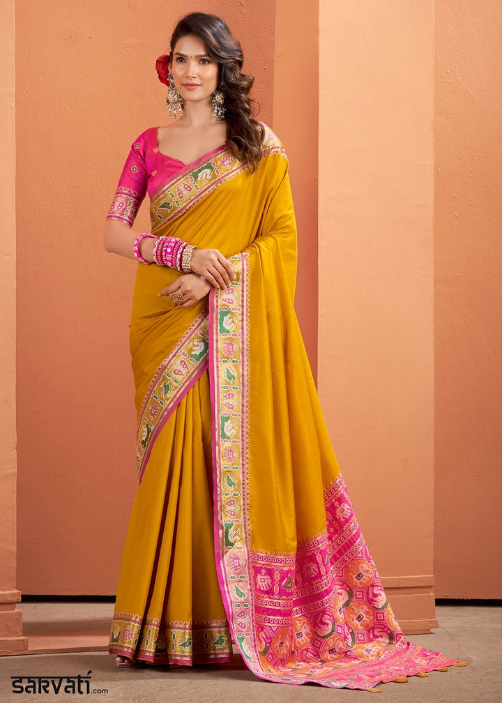 Mustard Yellow Patola Silk Saree with Contrast Border & Pallu