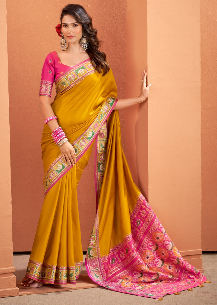 Mustard Yellow Patola Silk Saree with Contrast Border & Pallu
