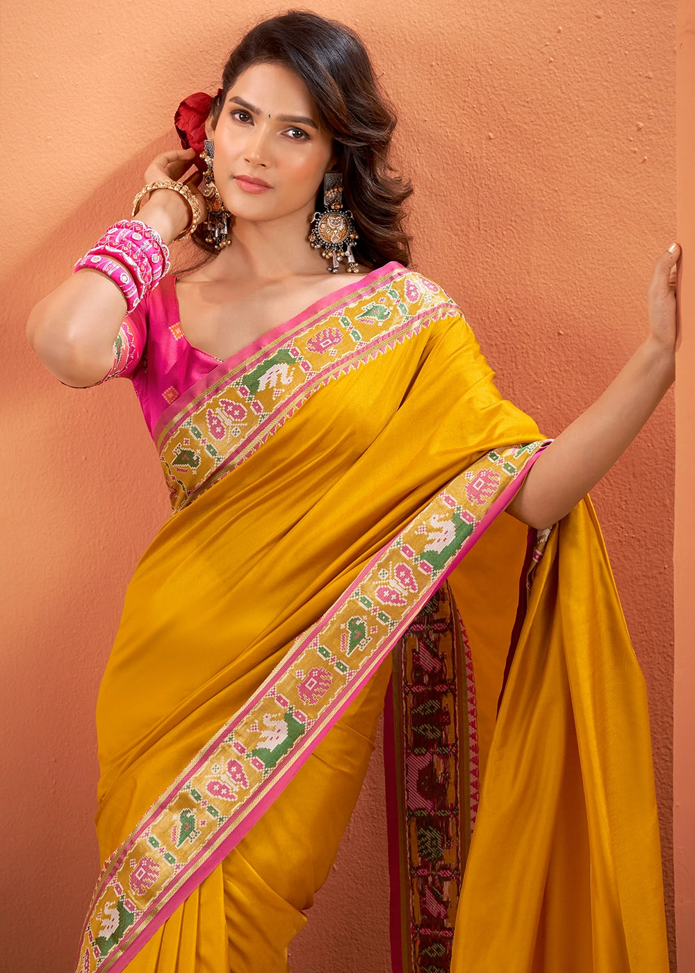 Mustard Yellow Patola Silk Saree with Contrast Border & Pallu