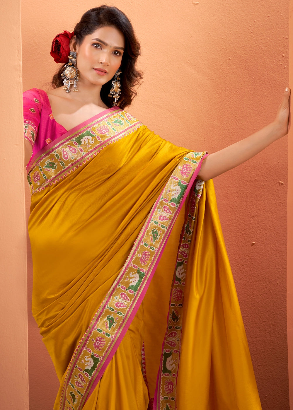 Mustard Yellow Patola Silk Saree with Contrast Border & Pallu