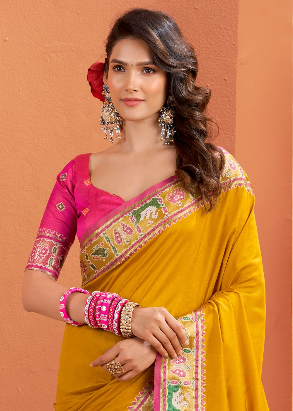 Mustard Yellow Patola Silk Saree with Contrast Border & Pallu