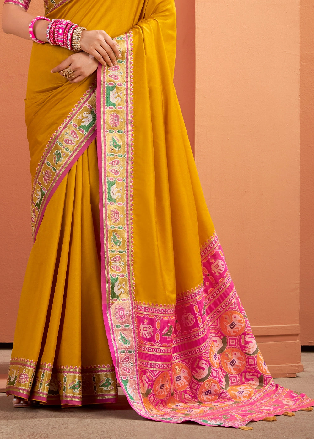 Mustard Yellow Patola Silk Saree with Contrast Border & Pallu